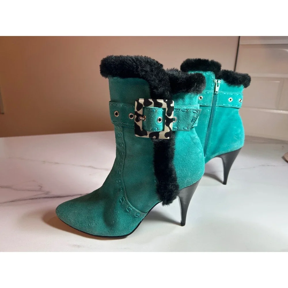 Vtg Turquoise Suede Faux Fur Trim Ankle Boots Animal Print Buckle Stiletto Heels